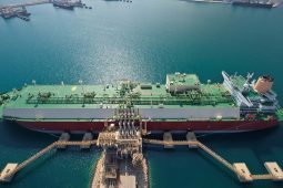 A Q-Max LNG carrier loading cargo at Ras Laffan terminal.